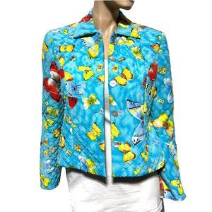 Maggy London Quilted Butterfly Jacket 100% Silk Aqua Button Vintage 1990s Size 4